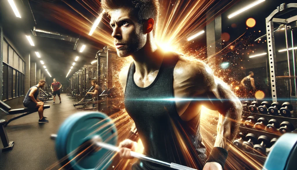 A focused athlete lifting weights in a gym, surrounded by ambient light and blurred motion effects, symbolizing stamina, strength, and the energizing impact of a pre exercise energy booster.