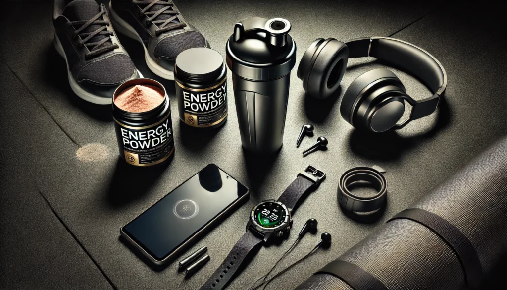 A flat lay of workout energy booster essentials, including energy powder for working out, a shaker bottle, headphones, and a smartwatch arranged on a gym mat, representing preparation for intense training.