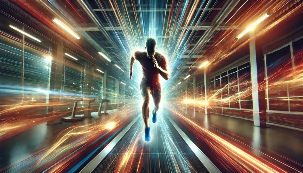 An abstract visual of intense training energy, featuring an athlete sprinting on a treadmill with glowing motion effects and vibrant lighting that evoke the power of a workout energy booster.