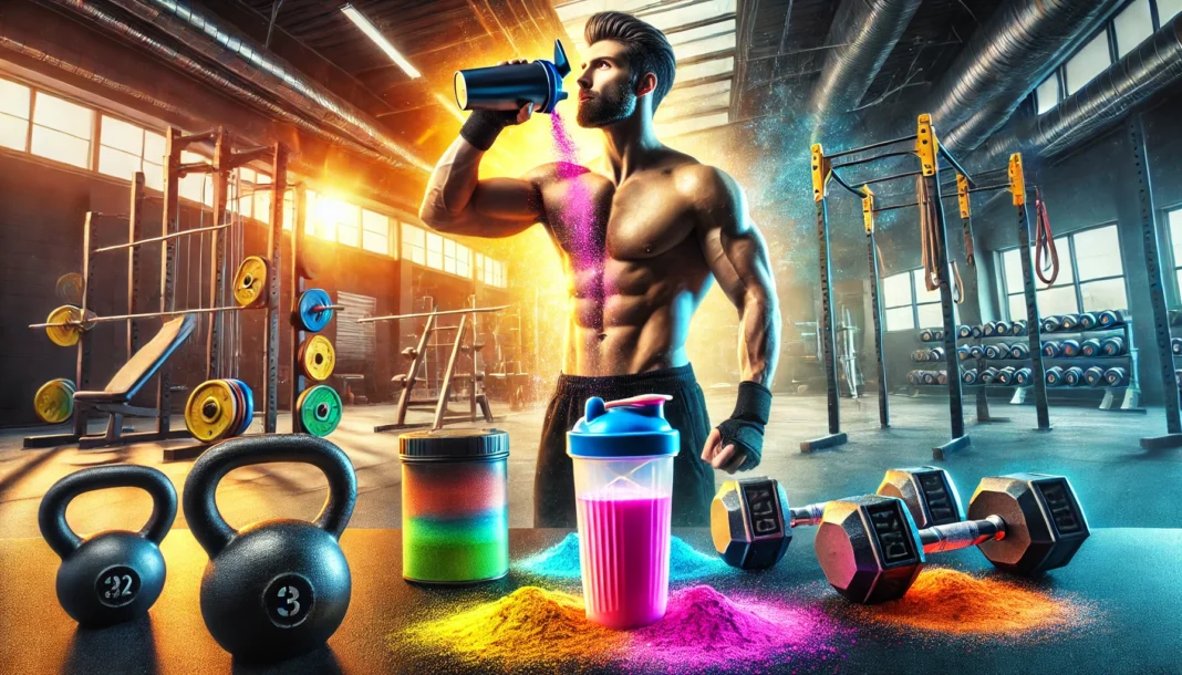 A high-energy gym scene featuring a muscular person preparing pre-workout powder in a shaker bottle, surrounded by workout equipment like dumbbells and kettlebells, capturing the energizing atmosphere of pre-training rituals.