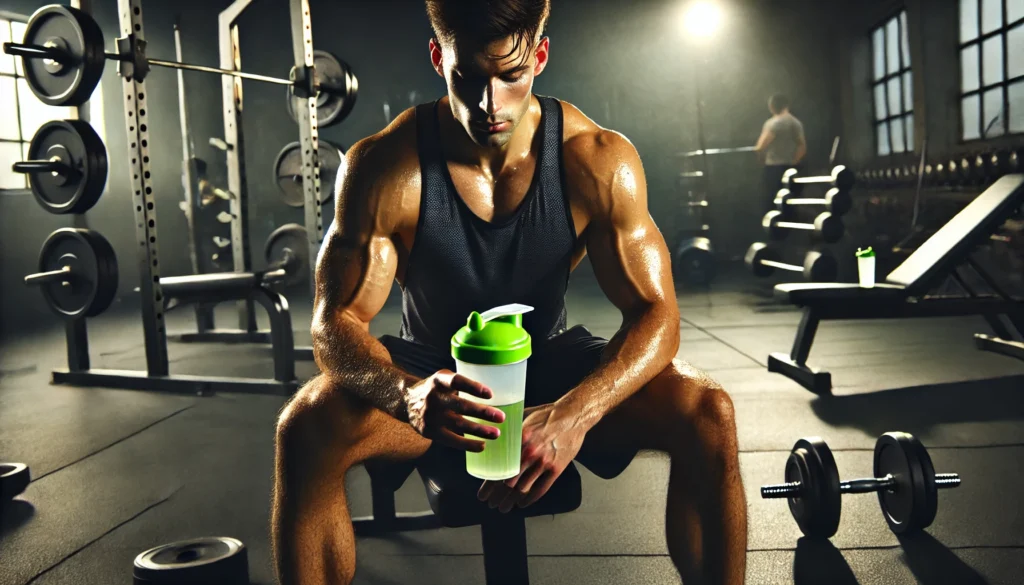 Sweaty, muscular man sitting on a gym bench post-training, holding a shaker bottle with green-tinted pre workout drink, gym equipment softly blurred in the background.
