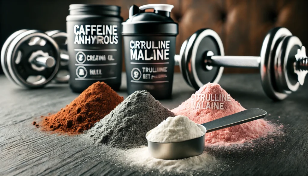 Close-up of key pre workout supplement ingredients in powder form—creatine HCl, beta-alanine, citrulline malate—arranged on slate with a scoop and shaker nearby.
