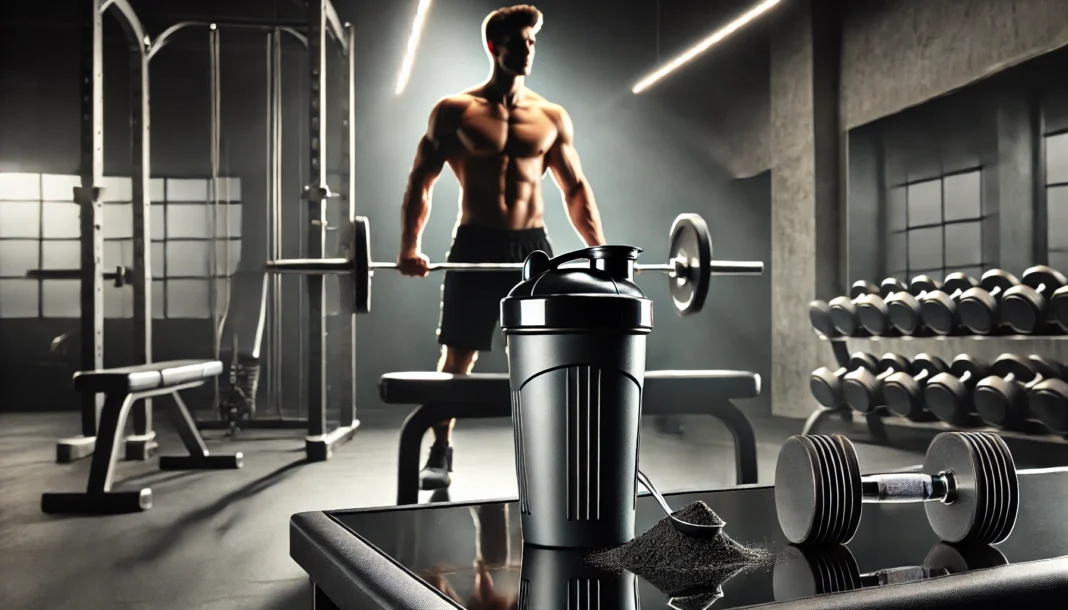Modern gym bench with a black shaker bottle and pre workout powder, with a muscular man lifting weights in the background under dramatic lighting.