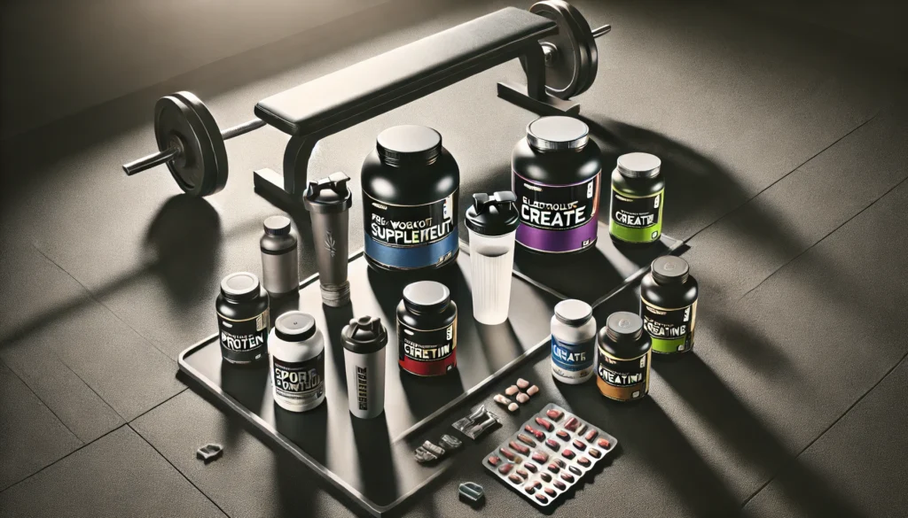 Flat lay of pre and post workout supplements including protein, electrolytes, and shaker bottles on a gym bench.

