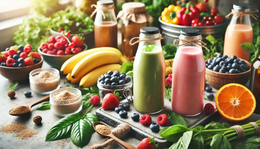 Healthy workout drinks made with natural ingredients like berries, bananas, and greens displayed on a kitchen counter.

