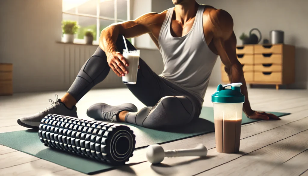 Post workout recovery scene with a fit individual relaxing on a yoga mat, sipping a smoothie with recovery tools nearby.

