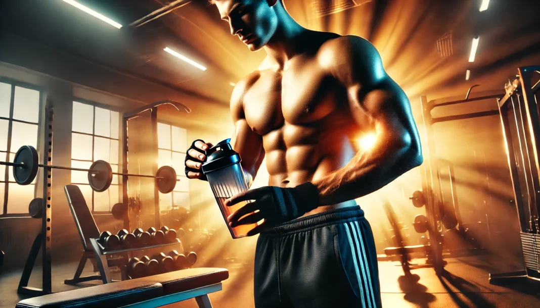Athlete preparing for a workout in a gym, holding a pre workout drink shaker with focused energy and dramatic lighting.