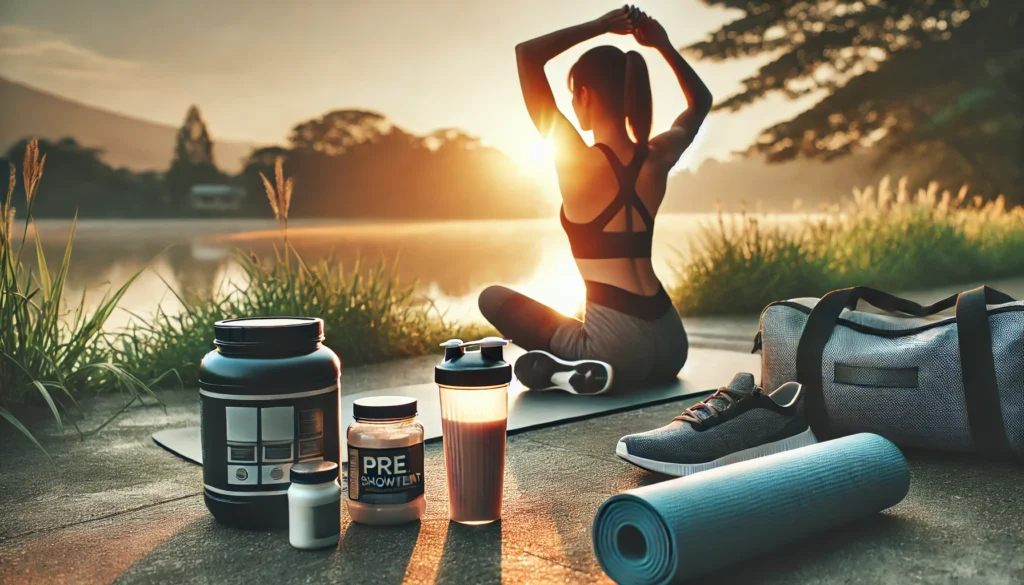 Outdoor sunrise workout with a fitness enthusiast stretching beside a shaker bottle and gym bag containing protein and pre workout supplements, highlighting balance and focus.