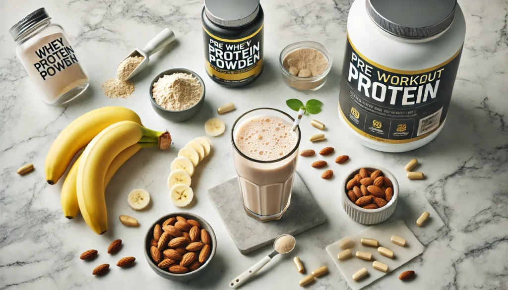 Flat-lay of a high-quality protein shake with pre workout capsules, whey powder, banana slices, and almonds on a marble counter, showcasing nutrient-rich shake ingredients.