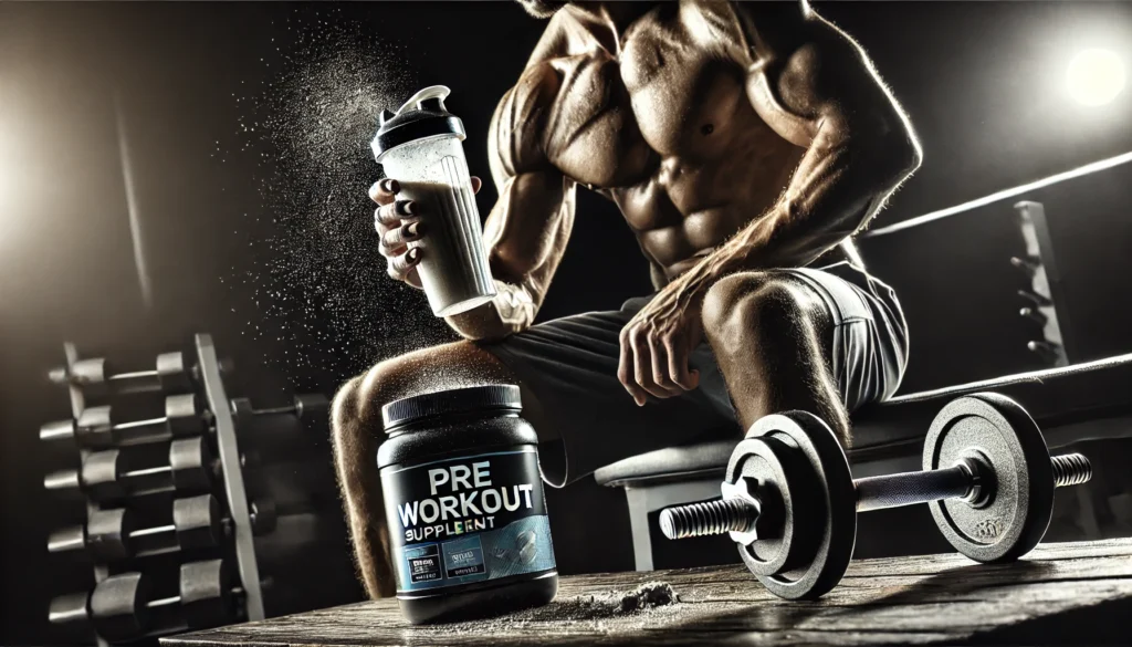 Post-workout gym scene with a person holding a protein shake and dumbbell, surrounded by pre workout supplements, emphasizing energy, strength, and recovery.