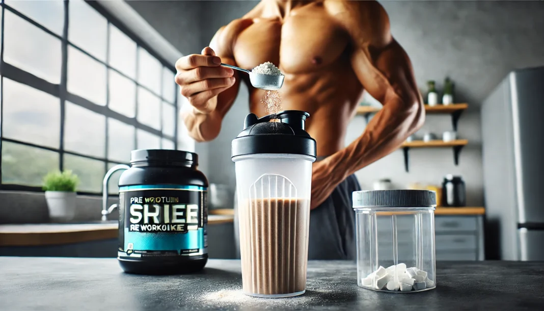 Muscular athlete preparing a protein shake in a modern kitchen with pre workout supplement containers nearby, representing focused preparation and performance nutrition.