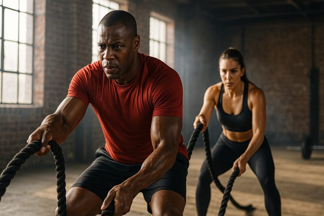 Two athletes performing battle rope exercises in an industrial gym, showcasing high-intensity training with proper form and focus.