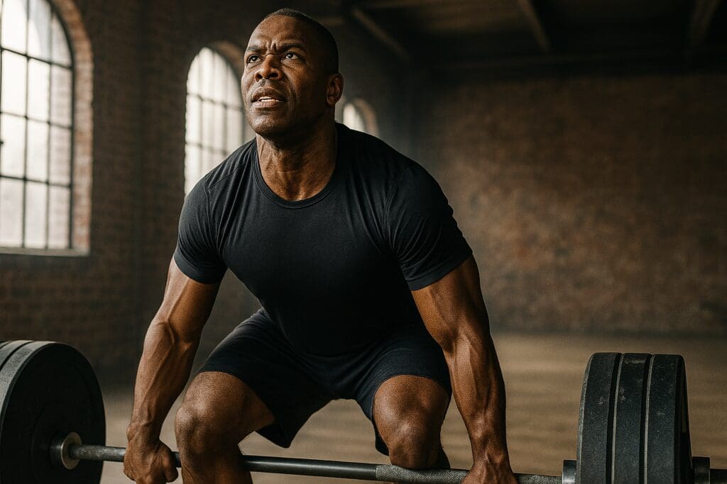 Muscular man lifting a heavy barbell in a rustic gym, demonstrating safe deadlift technique and strength intensity under controlled form.