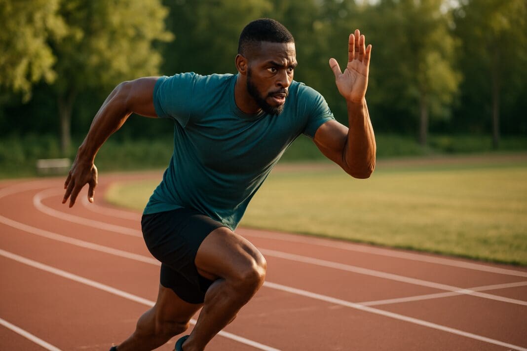 A powerful male track athlete sprints down a red running track under soft morning light, his muscular frame and focused expression emphasizing explosive speed. The natural backdrop of trees and an empty bench highlights the intensity and discipline behind gym-supported sprint workouts for peak strength and endurance.