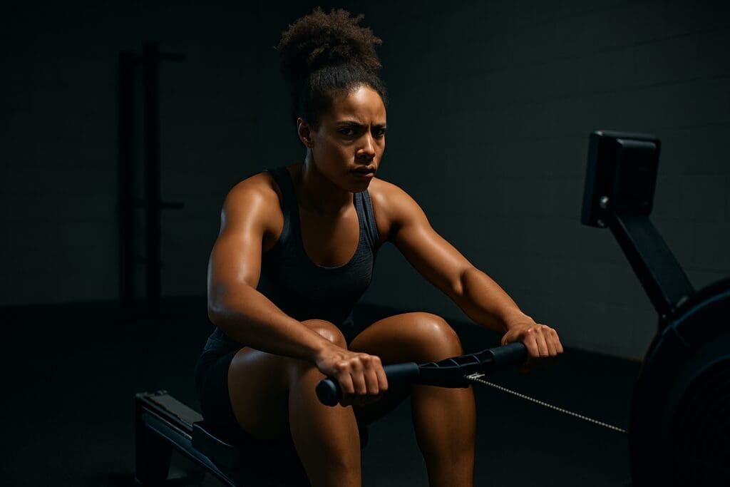 A determined young woman rows powerfully on an indoor rowing machine, her defined muscles emphasized by dramatic lighting in a dim gym. The dark surroundings and intense focus underscore the endurance-building gym workouts essential for track athletes aiming to unlock peak speed and performance.