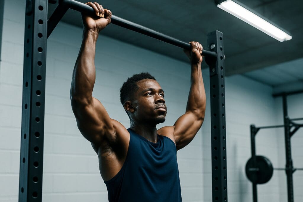 A powerful young athlete performs a pull-up on a black bar in a minimalist gym, his arms straining with effort as focused lighting highlights his muscular form. The industrial backdrop and intense expression reflect the explosive strength and endurance training track athletes use to unlock peak speed and performance.