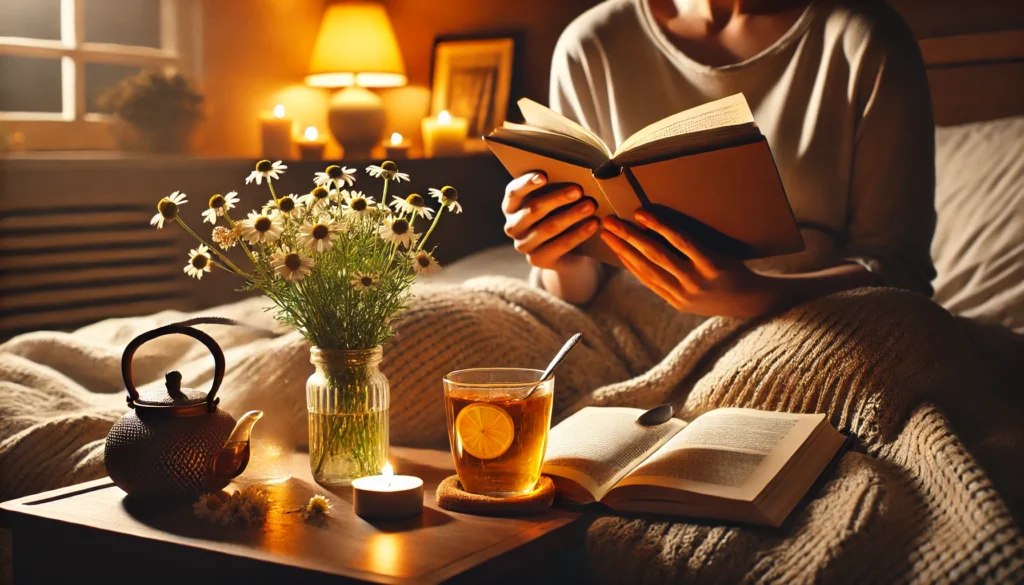 A relaxing evening wind-down routine with a person sitting in bed, sipping chamomile tea, and reading under warm lighting, creating a calming pre-sleep atmosphere.
