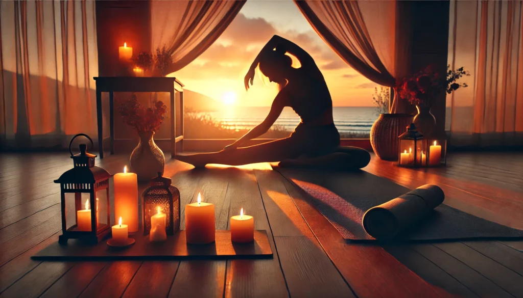 A tranquil bedroom featuring a white noise machine on a nightstand, an essential oil diffuser glowing softly, and a weighted blanket on the bed, enhancing sleep quality.