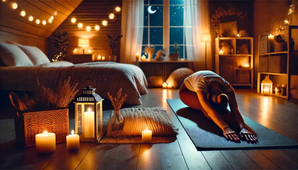 A tranquil nighttime yoga session with a person stretching on a yoga mat in a softly lit room, surrounded by warm candlelight and a cozy ambiance, preparing for deep, restful sleep.