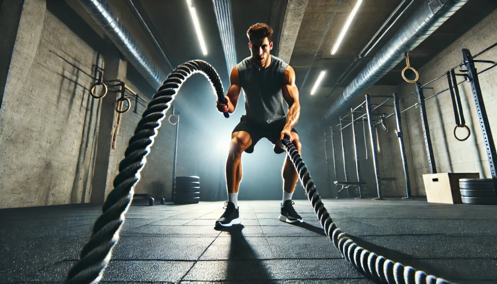 Male athlete doing alternating battle rope waves in a gym, showcasing upper-body power, intensity, and short-burst strength during high-intensity interval training