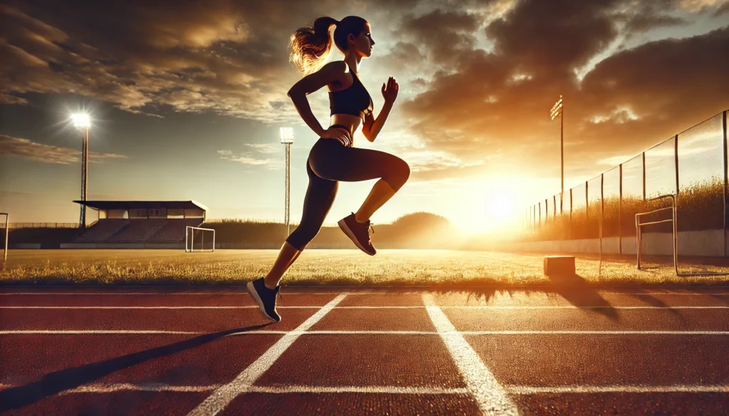 Fit woman performing jumping lunges during a sunrise HIIT workout on a track, highlighting explosive cardio and strength intervals in a natural setting.