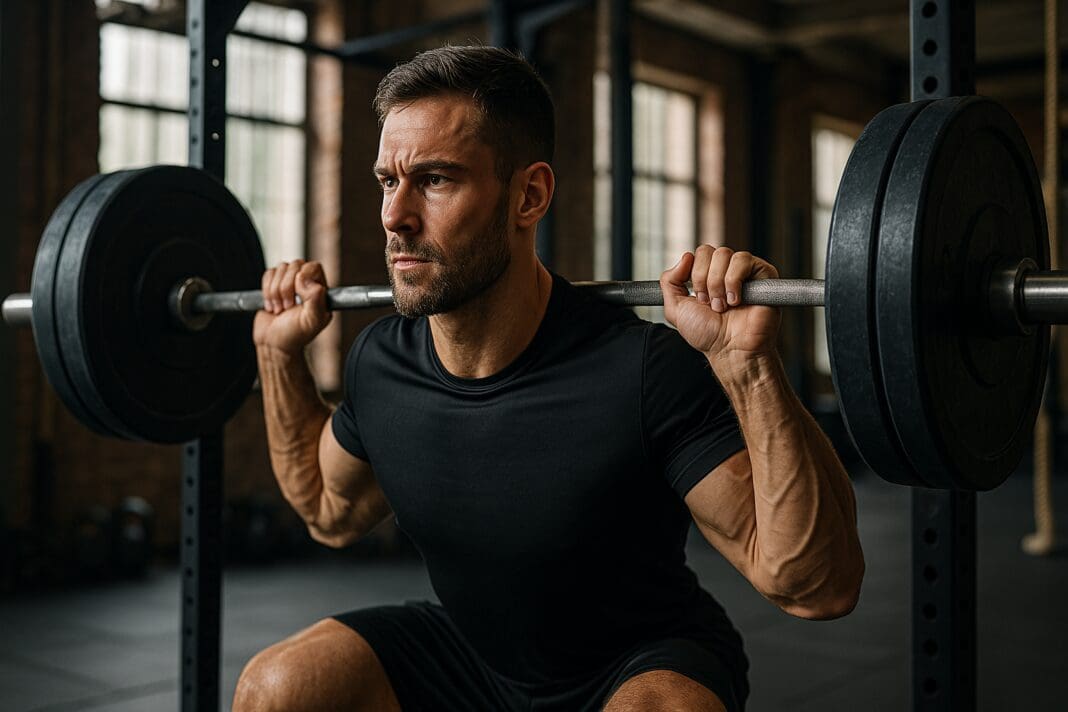 Focused muscular man performing a heavy barbell squat in an industrial-style gym, showcasing leg strength, muscular endurance, and power under resistance.
