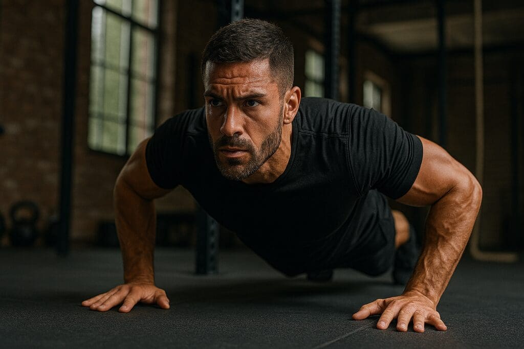 Determined athlete holding a push-up position in a dark, minimalist gym, highlighting upper body muscular stamina, core control, and endurance strength.