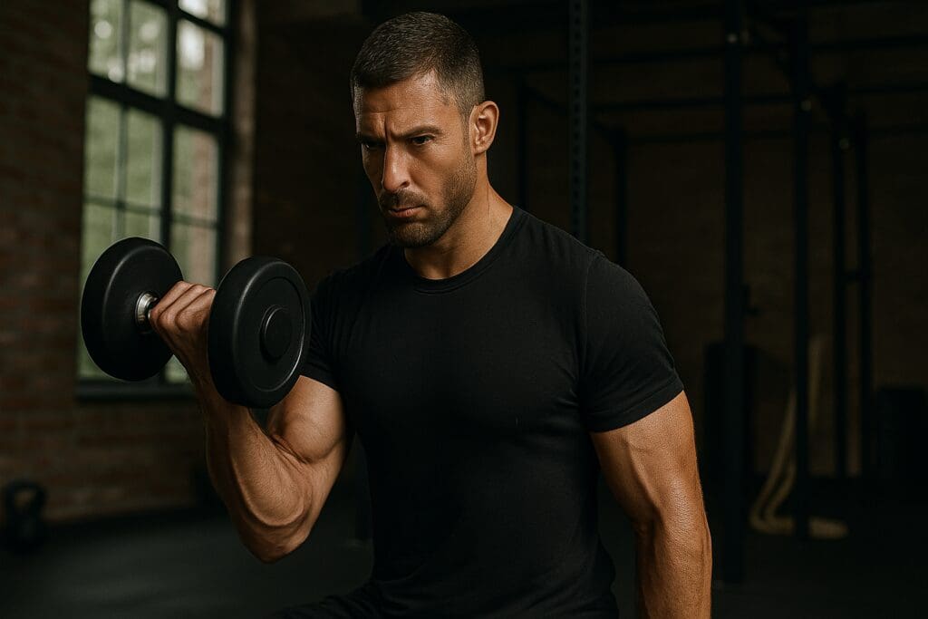Muscular man curling a black dumbbell with intense focus inside a gym, emphasizing isolated strength, high-rep endurance training, and upper arm development