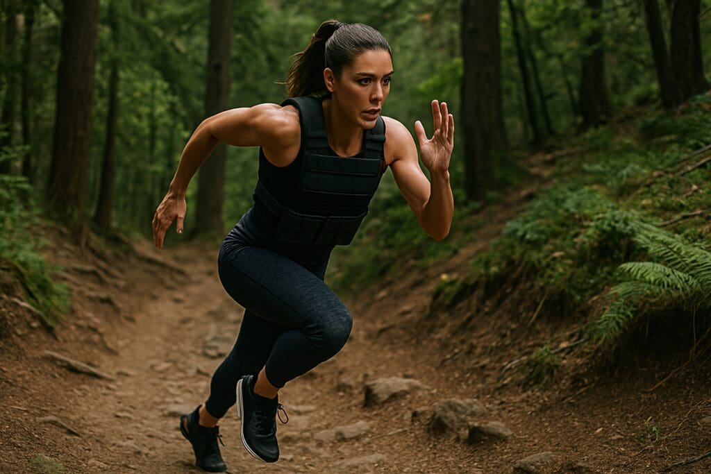 Athletic woman sprinting uphill through a forest trail wearing a weighted vest, demonstrating full-body endurance, explosive leg strength, and outdoor performance training.