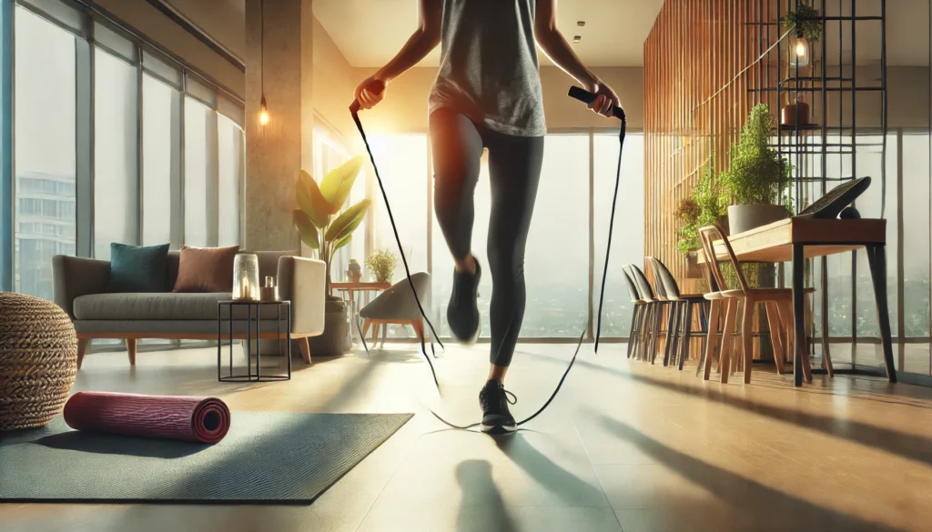 A person transitioning from jump rope cardio to a standing quad stretch in a stylish indoor fitness space, showcasing a seamless blend of endurance and flexibility.