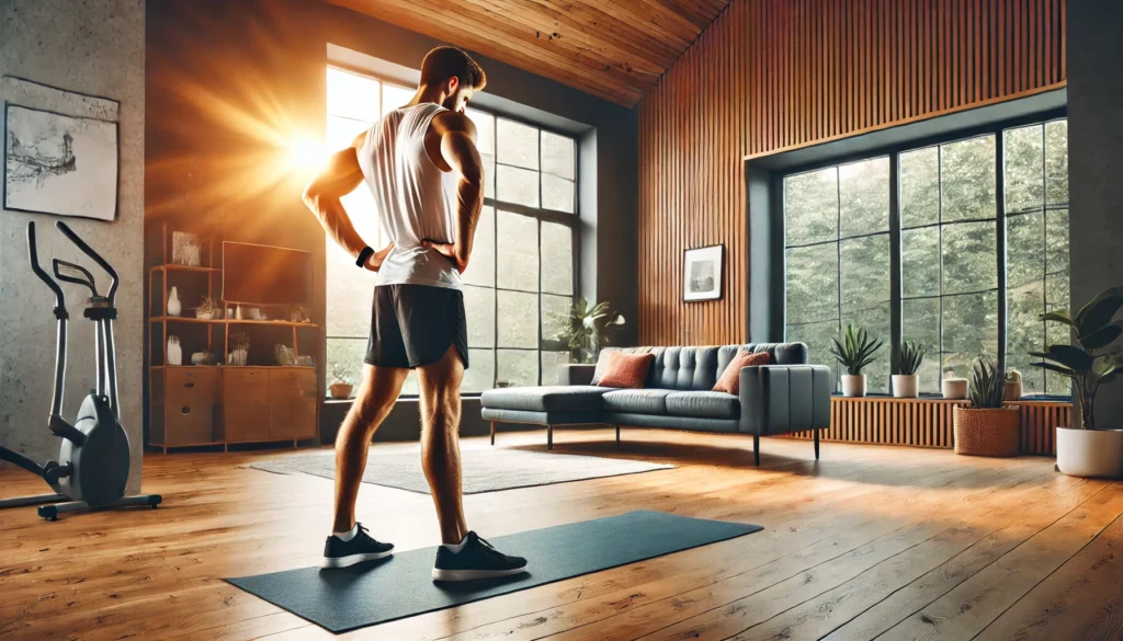 A man doing standing hamstring stretches in a well-lit home gym with a yoga mat and wood flooring, focusing on post-cardio recovery and functional mobility.
