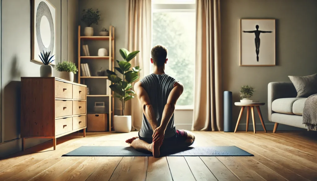 A person holding a seated butterfly stretch on a yoga mat in a minimalist room with soft daylight, highlighting controlled breathing, balance, and flexibility.