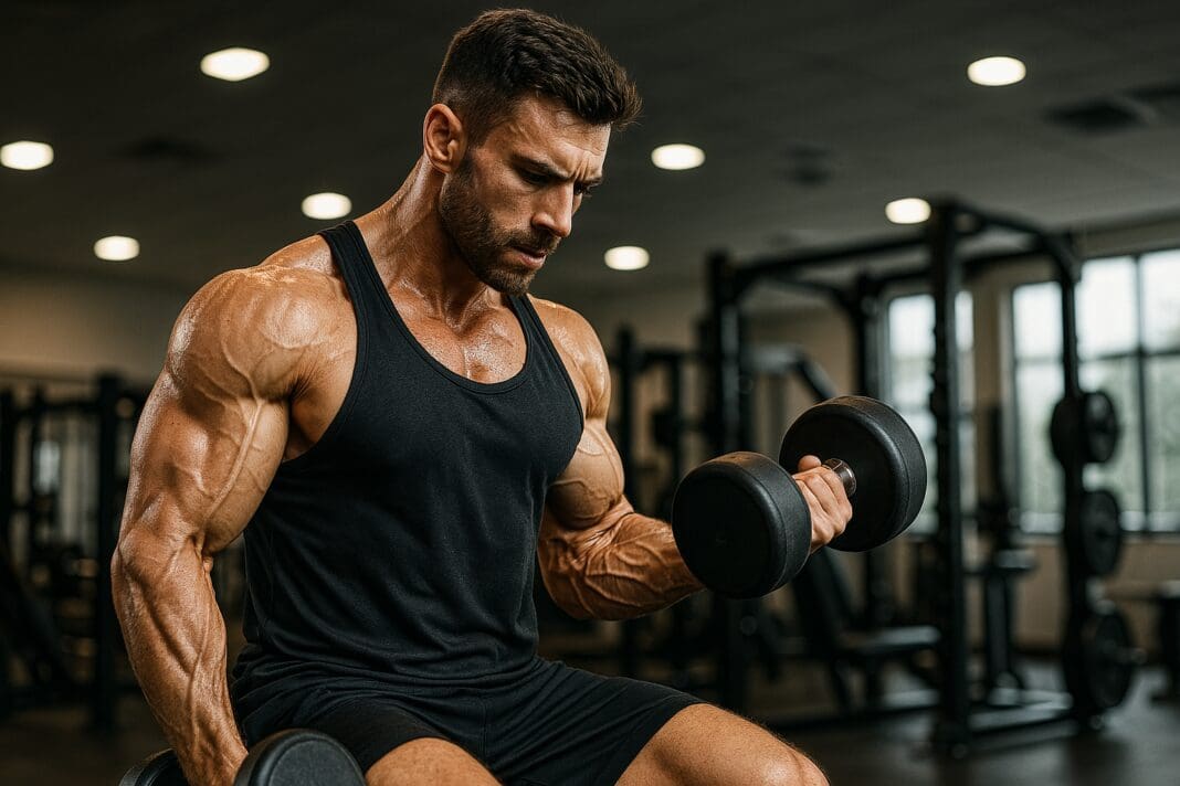 A muscular man performing intense bicep curls with dumbbells in a modern gym, highlighting upper body strength and muscle endurance training.