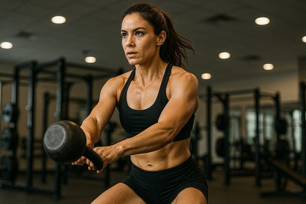 A fit woman swinging a kettlebell with controlled power in a gym, demonstrating high-rep functional training for fat loss and endurance.