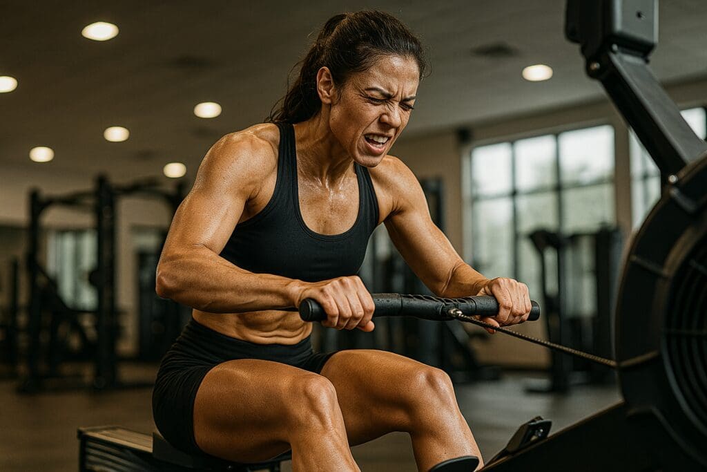 A strong woman intensely working on a rowing machine in a well-lit gym, symbolizing full-body endurance training and peak cardiovascular performance.