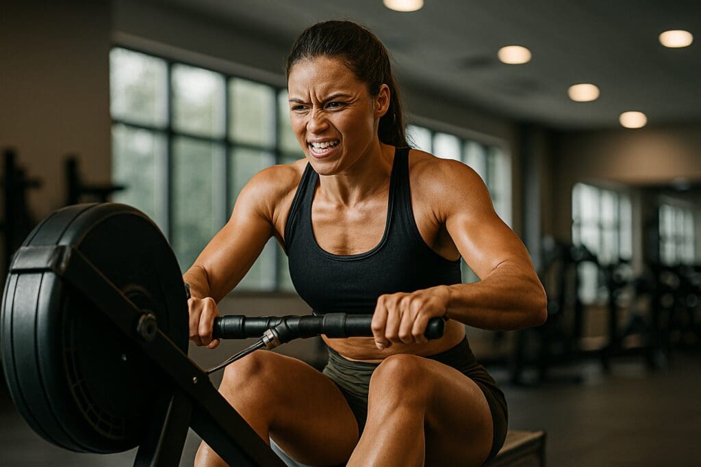 A determined young woman powering through a high-rep rowing machine workout, showcasing stamina, muscle tone, and fat-burning intensity.