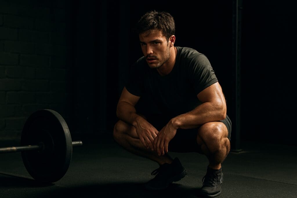 A young athletic man rests in a deep squat under dramatic shadows in a dark industrial gym, next to a barbell. The moody lighting and raw setting highlight the balance of muscular strength and endurance training in an intense performance environment.