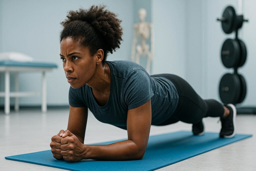 An athletic African American woman holds a perfect plank position on a blue yoga mat in a brightly lit clinical therapy room. Her strong posture and determined expression highlight muscular endurance and core strength in a clean, modern rehabilitation space.