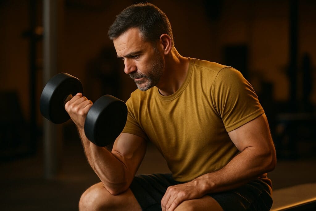 A middle-aged man in a mustard shirt performs a seated dumbbell curl in a warmly lit gym, his face focused and muscles engaged. The ambient lighting highlights muscular strength and endurance in a calm, controlled fitness setting.