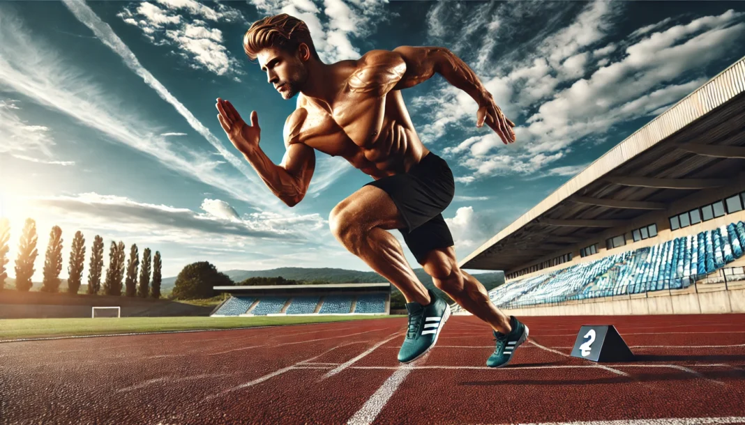A fit male athlete performing sprint intervals on an outdoor track under a bright blue sky. His muscles are engaged as he pushes forward with full effort, with stadium bleachers and a scenic landscape in the background.