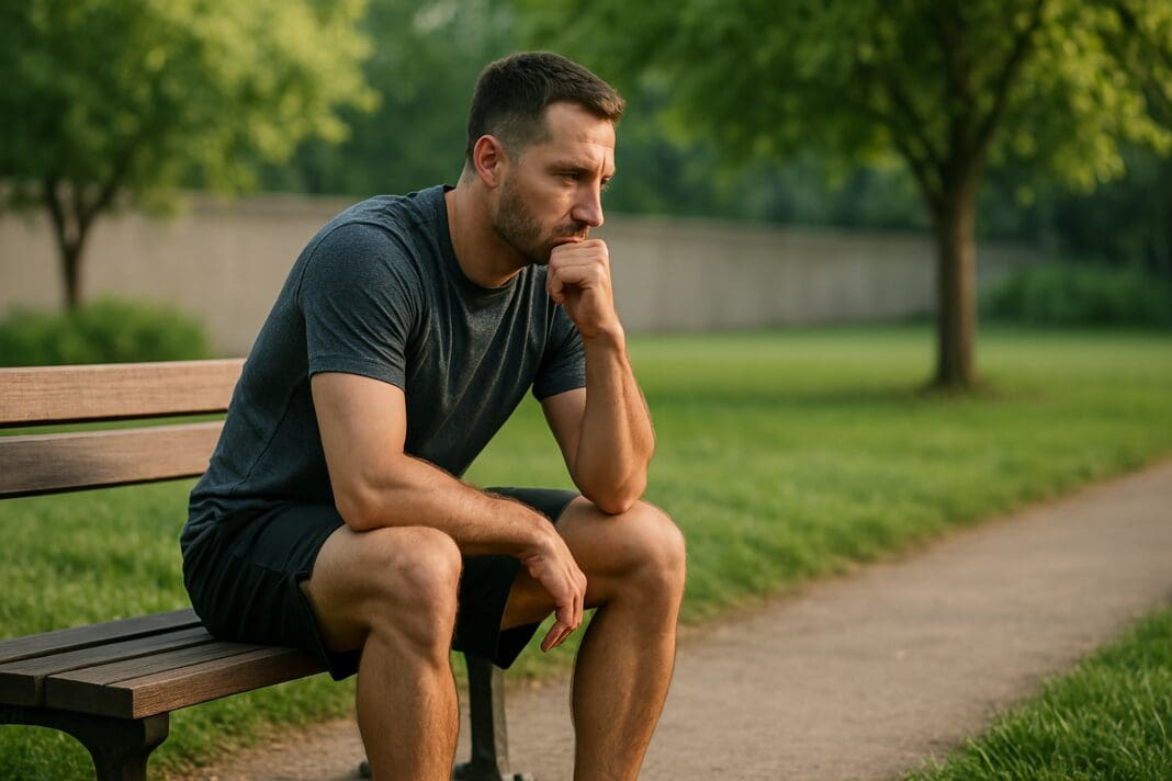A focused man in athletic gear sits quietly on a wooden park bench in early morning light, surrounded by greenery and a winding path. His contemplative posture and calm expression visually reflect the importance of strategic recovery and performance health in a tactical workout plan.