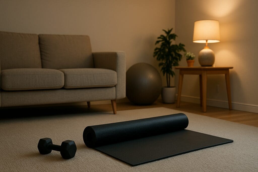A clean, well-lit home workout corner displays a yoga mat, dumbbells, and stability ball neatly arranged on a beige carpet under warm ambient lighting. The uncluttered living room setup promotes a balanced environment for injury prevention and enhanced fitness through tactical exercise planning.