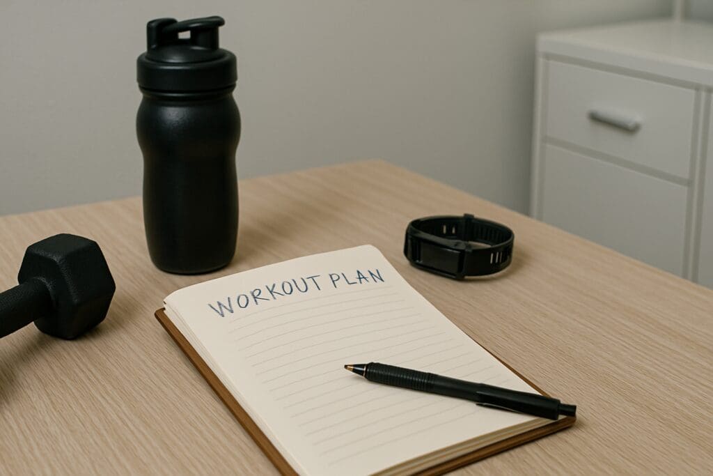 A close-up shot of a clinical desktop scene features a workout journal labeled “WORKOUT PLAN,” a pen, a digital tracker, and a hex dumbbell, arranged under soft fluorescent lighting. The minimalistic setting and symbolic objects clearly represent focused fitness planning for performance health and injury prevention.