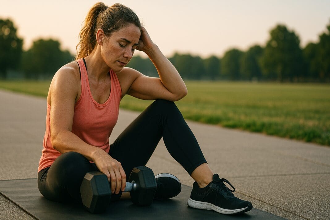 A young woman rests on a mat in the early morning sun after completing strength training with a dumbbell in a quiet park. The soft natural light and peaceful setting emphasize the sustainability of daily resistance workouts for long-term performance health.