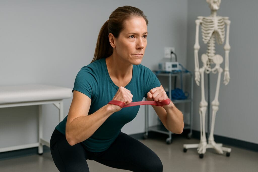 A woman in a teal shirt performs a resistance band squat in a brightly lit clinical fitness room, her expression focused and posture strong. The cool lighting and anatomical background underscore the importance of smart daily resistance workouts for performance health.