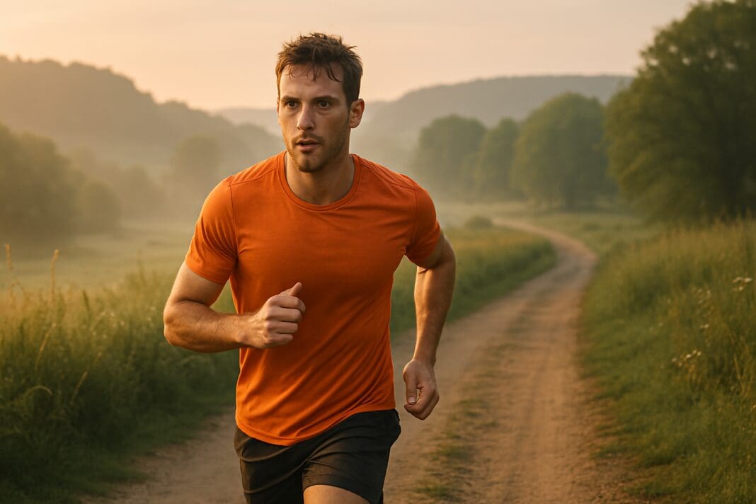 A young man jogs through a misty countryside trail at sunrise, his toned build emphasized by an athletic orange shirt. The soft natural light and peaceful rural setting highlight how endurance training supports strength and performance health.