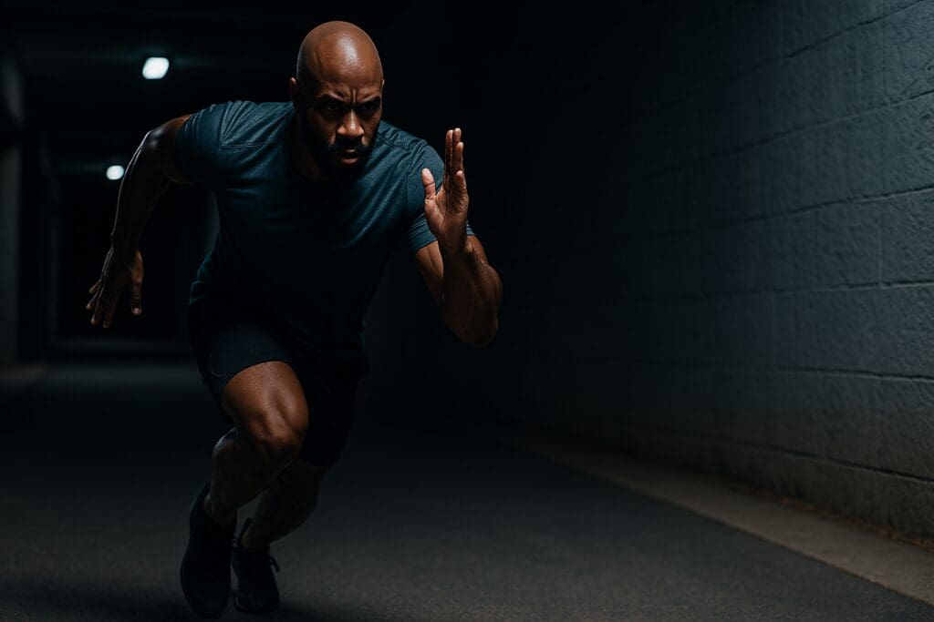 A muscular male athlete sprints through an urban underpass, his strong legs and arms sharply defined by cool overhead lighting. The moody environment and powerful stride highlight the muscle-building potential of high-intensity endurance training for peak performance.