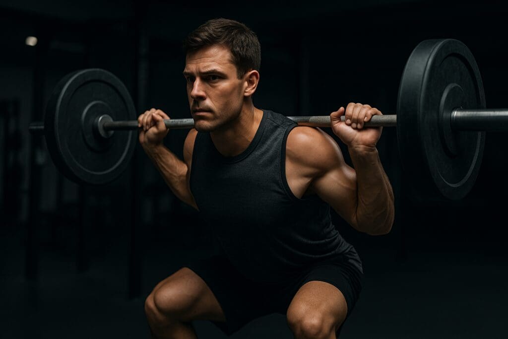 A young man with a muscular build performs a heavy barbell squat in a dimly lit gym, his arms tensed and expression focused. The dramatic shadows and defined physique illustrate how endurance-integrated strength training can elevate overall performance health.