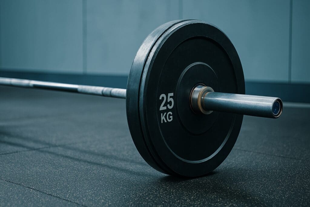 A close-up view of a barbell loaded with 25 kg weight plates rests on a textured gym floor under cool clinical lighting. The clean, minimal setup and sharply focused barbell evoke strength training precision and the tools essential for long-term performance health.