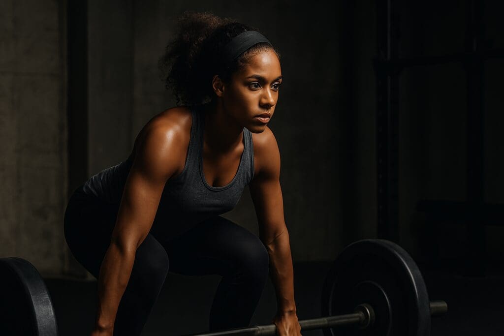 A powerful African American woman in a gray tank top performs a deadlift in a dimly lit industrial gym, her form and gaze sharpened by dramatic shadows. The strength and determination in her posture represent expert-level strength training for longevity and performance health.